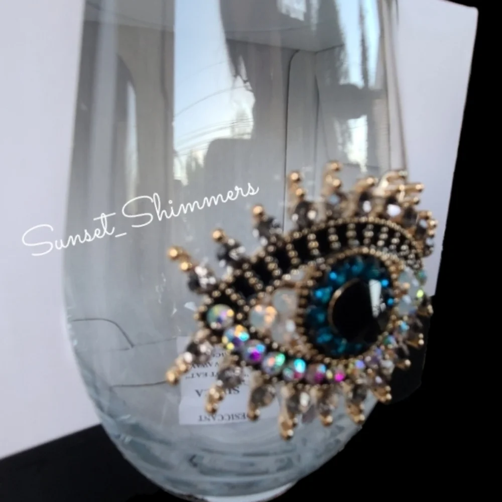 Jeweled Rhinestone Hamsa Evil Eye Mati Nazar Mal De Ojo Cocktail Wine Glass Set